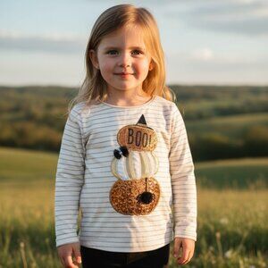 Mud Pie Gold and Cream Pumpkin Boo Halloween Festive Top 2T